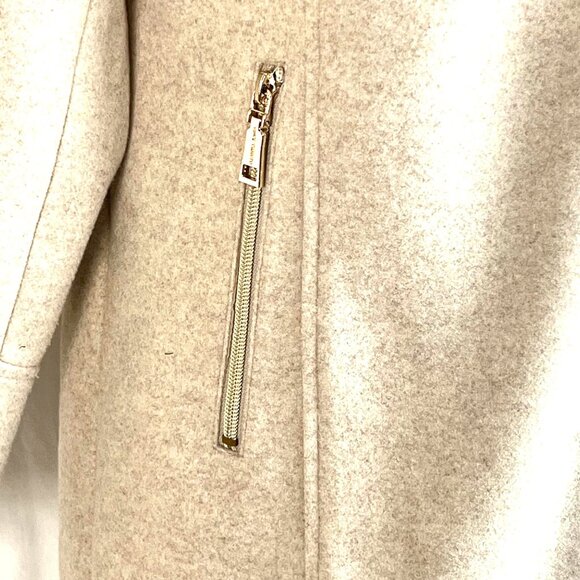 Vince Camuto Hooded Oatmeal Coat Size M Washable Gold Zip Front Old Money - Picture 4 of 10